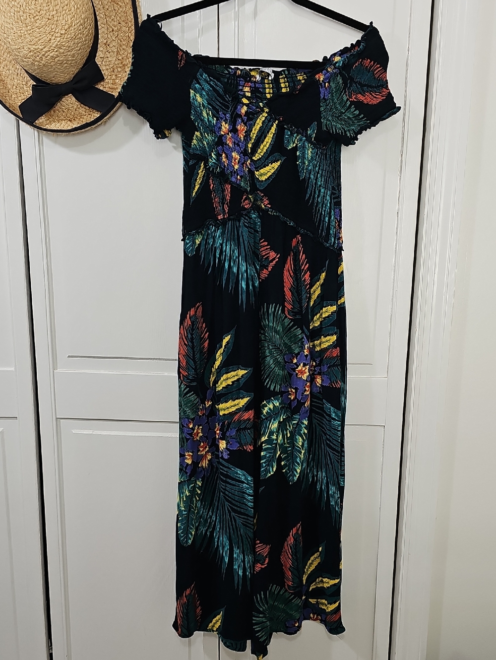 Off-Shoulder  Stretch Bodice Tropical Print Jumpsuit - Capri Length. 100% Rayon